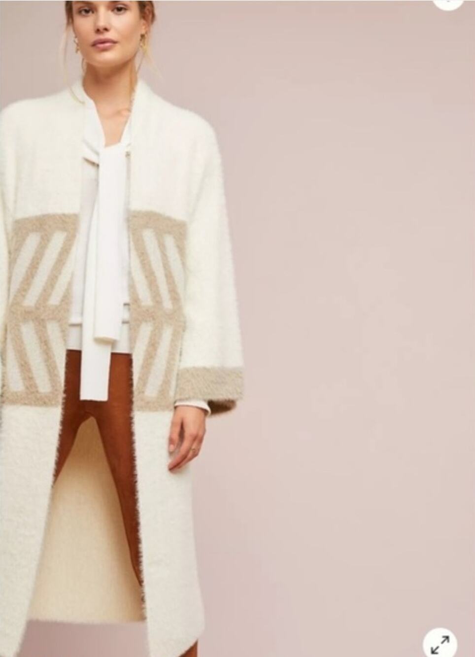New Anthropologie MERZOUGA Ivory Taupe Geometric Long Fuzzy Kimono Cardigan O/S